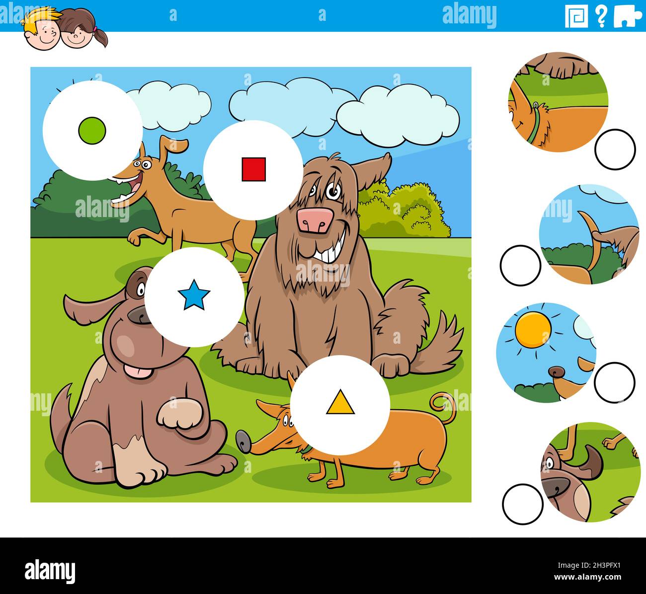 Match pieces task with cartoon dogs characters Stock Photo - Alamy