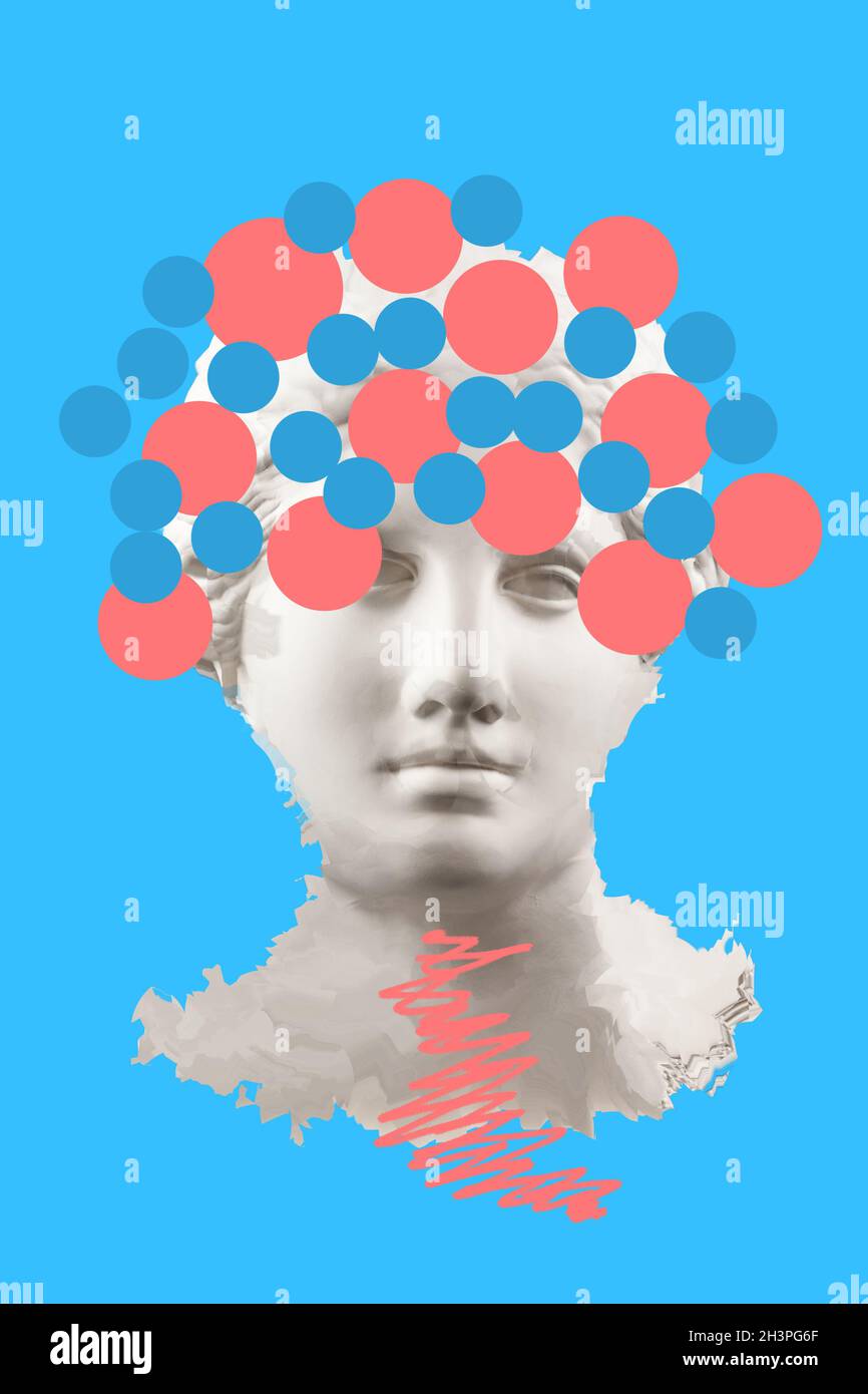 Collage with sculpture of human face in a pop art style. Modern creative concept image with ancient statue head. Zine culture. C Stock Photo