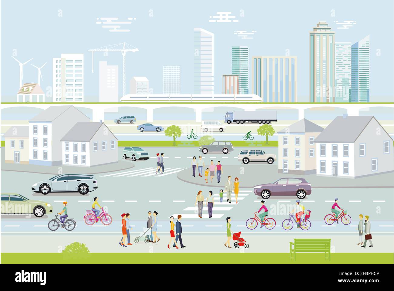 City silhouette with pedestrians and road traffic, illustration Stock ...