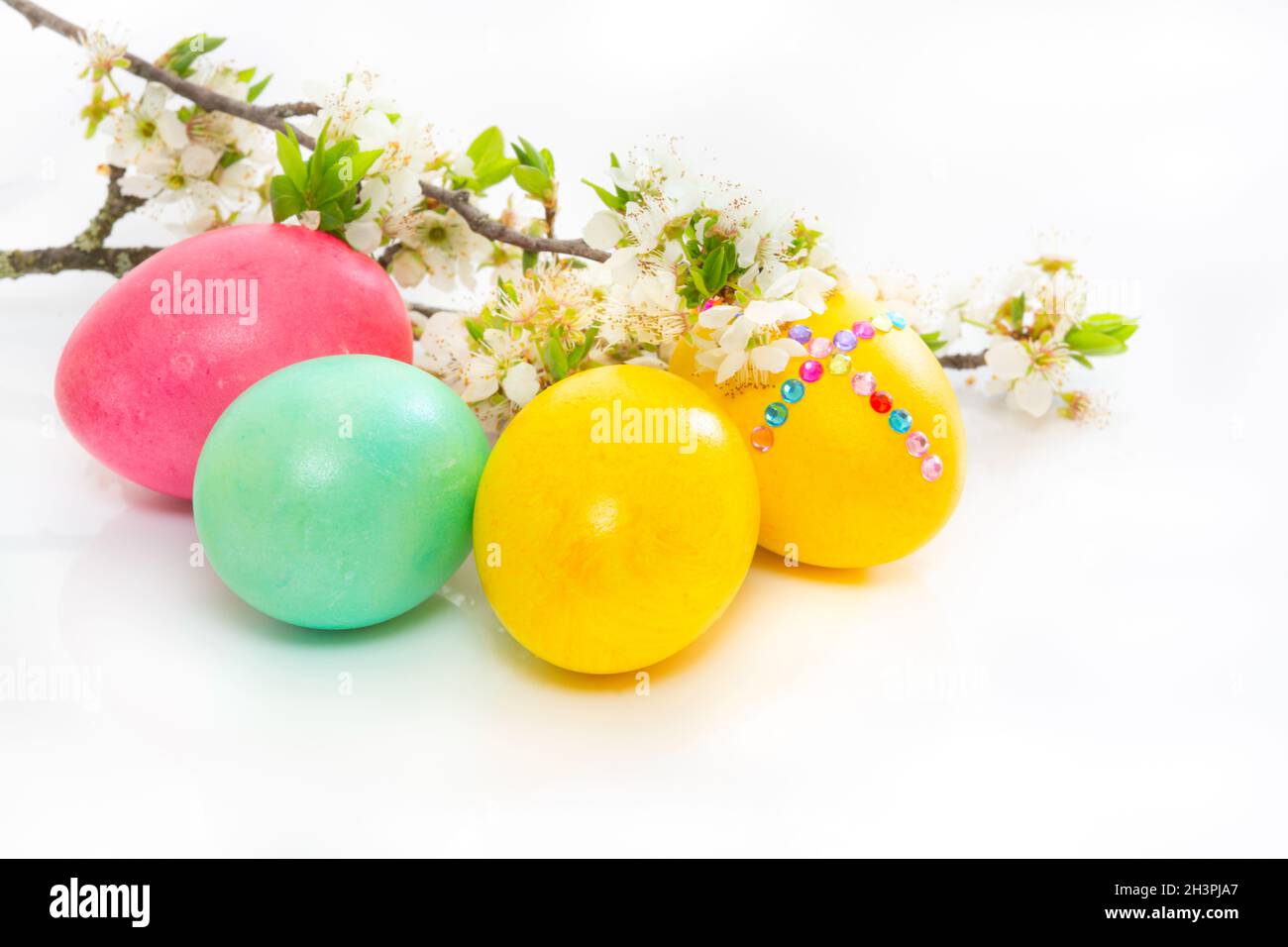 Easter eggs and flower branch on white background Stock Photo - Alamy
