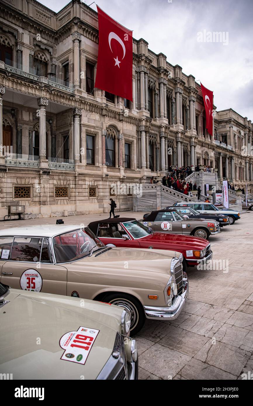 Classic vehicles seen parked at Ciragan Palace in Istanbul.Mercedes ...