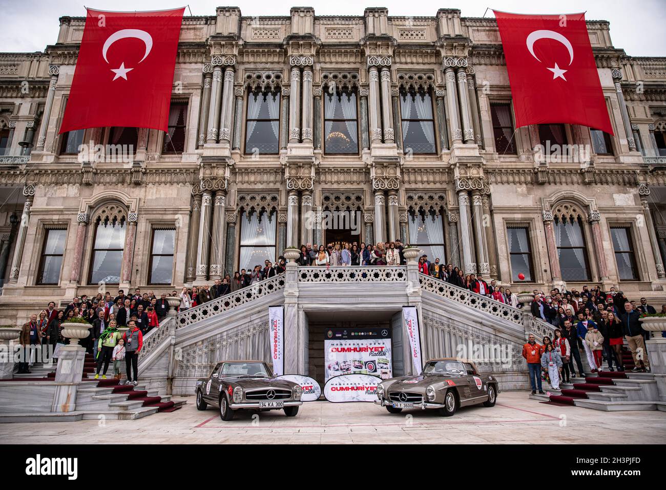 Classic vehicles seen parked at Ciragan Palace in Istanbul.Mercedes ...