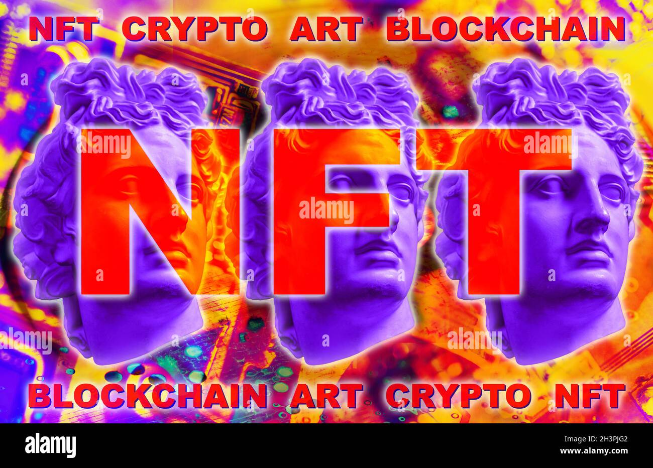 NFT Non fungible token. Crypto art concept. Technology selling unique collectibles, games characters, blockchain assets and digi Stock Photo