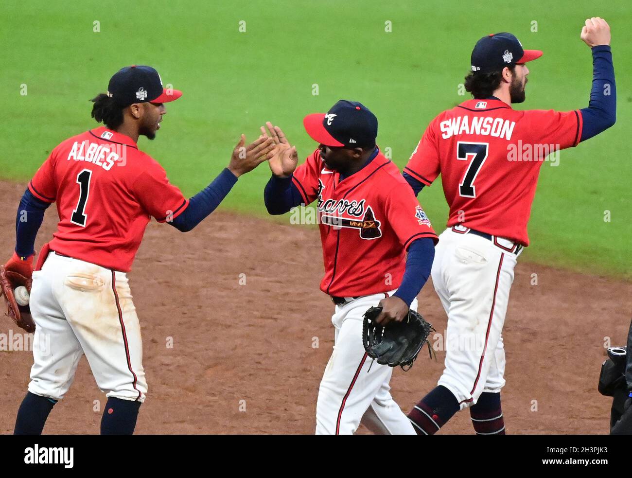 Atlanta, USA. 29th Oct, 2021. Atlanta Braves players celebrate after  defeating the Houston Astros 2-0 in game three in the MLB World Series at  Truist Park in Atlanta, Georgia on Friday, October