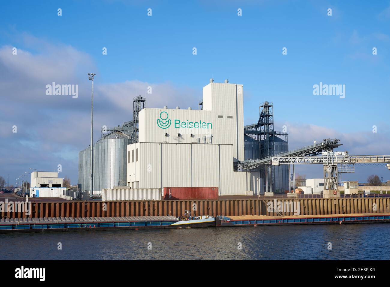 The company Beiselen, trader for seeds and fertilizers in the port in Magdeburg in Germany Stock Photo