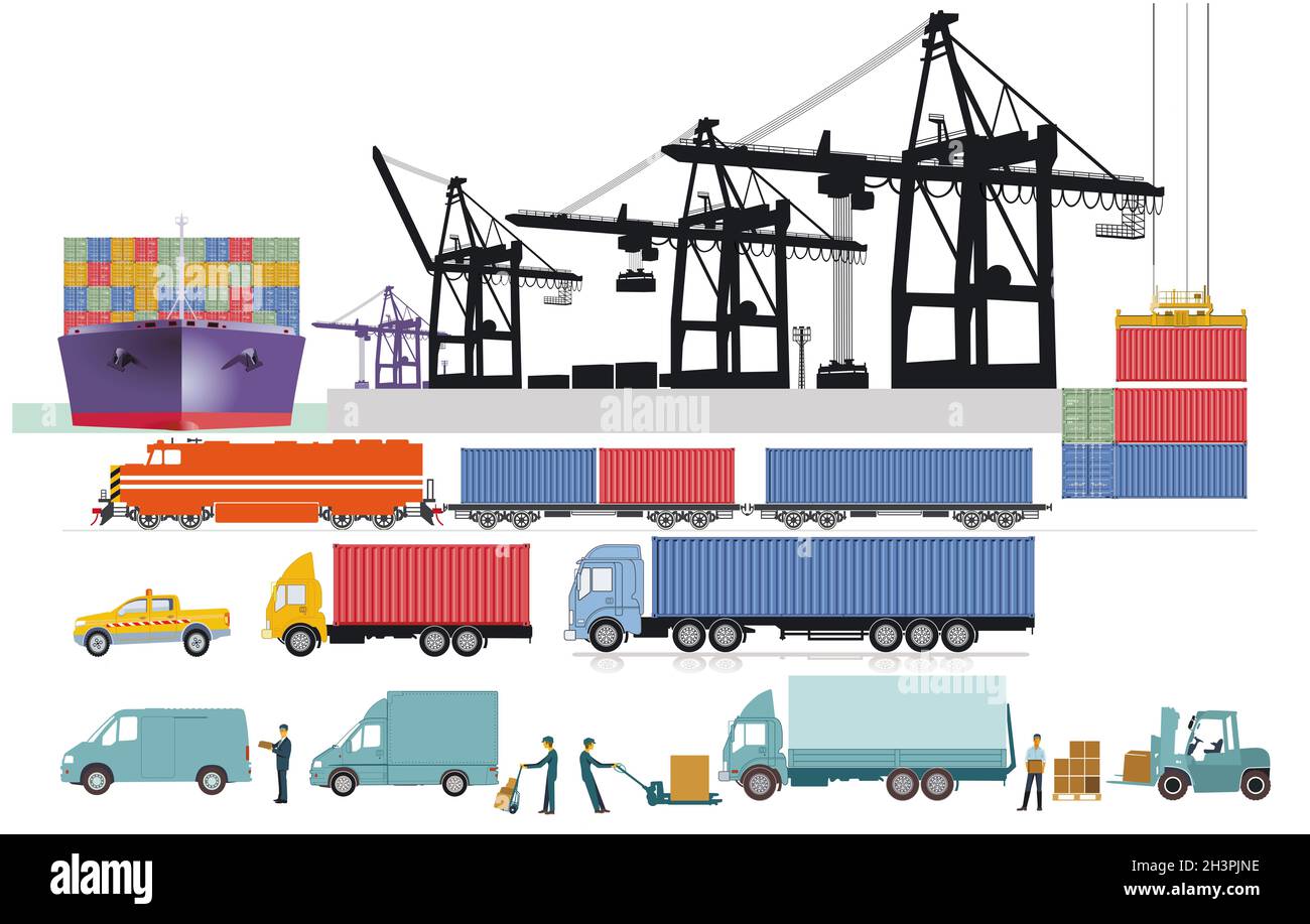 Container crane, logistics and port with container ship, truck dispatch ...