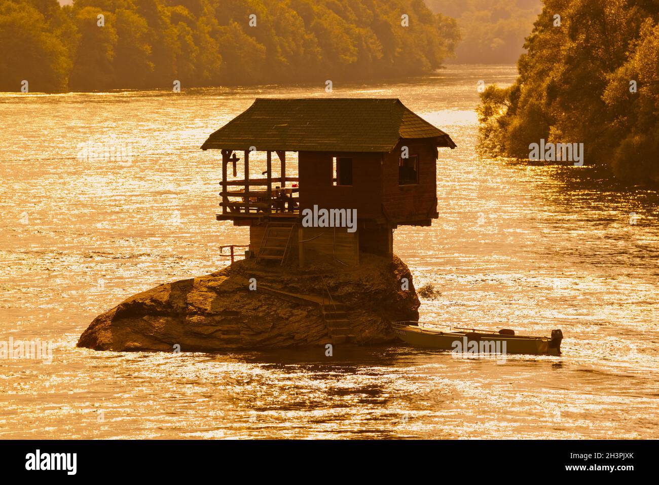 House on rock island in river Drina - Serbia Stock Photo