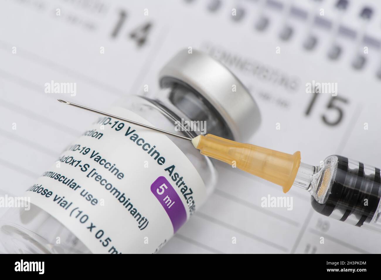 Original vial astrazeneca with vaccine against covid-19 virus Stock Photo