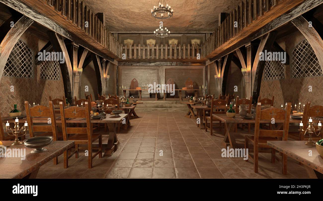 3D illustration medieval castle great hall interior Stock Photo - Alamy