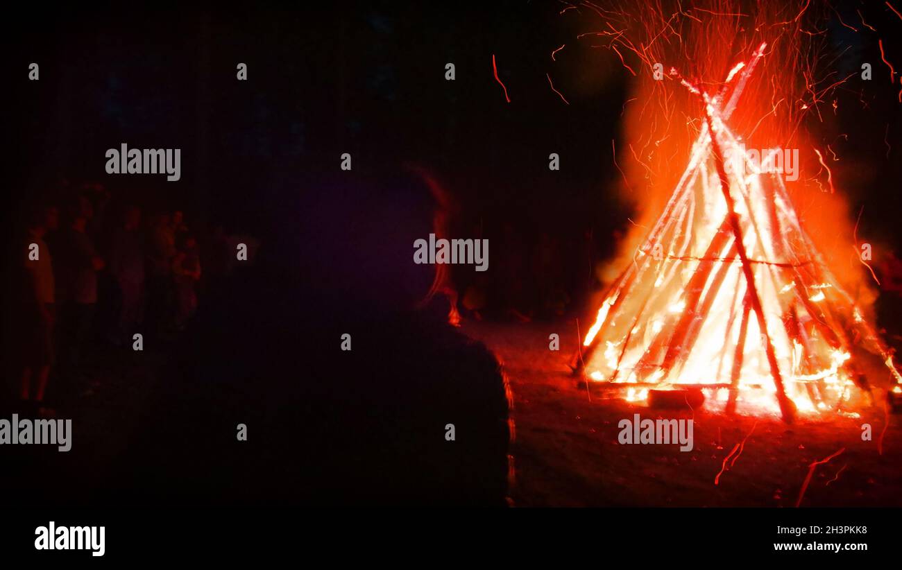 Blurred background. Element of fire, huge night fire on holiday. Stock Photo