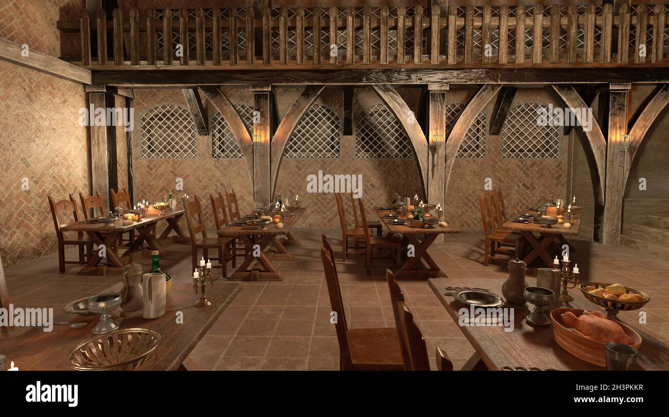 3D illustration medieval castle great hall interior Stock Photo