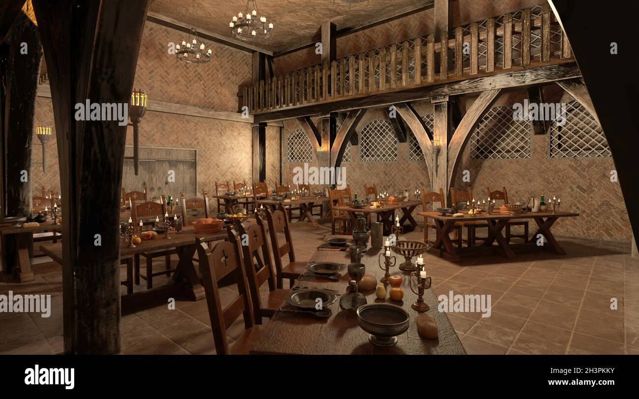 3D illustration medieval castle great hall interior Stock Photo - Alamy