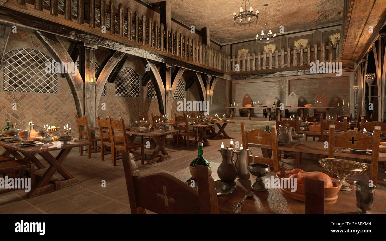 3D illustration medieval castle great hall interior Stock Photo Alamy