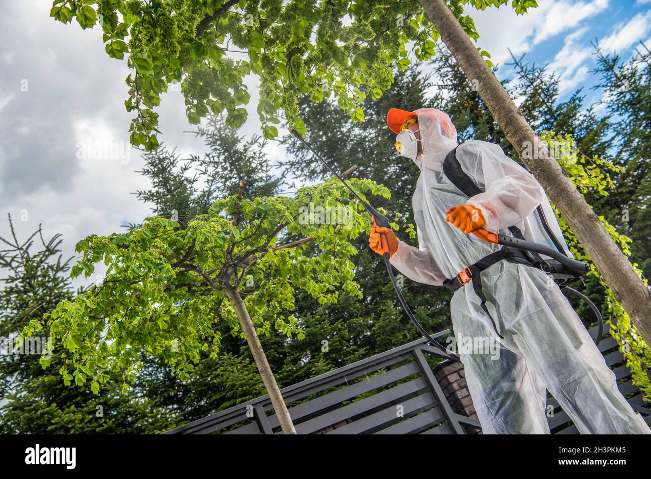 Professional Caucasian Garden Worker Spraying Backyard Trees and Plants