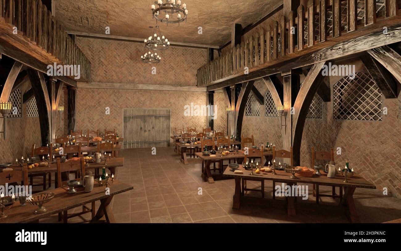 3D illustration medieval castle great hall interior Stock Photo - Alamy