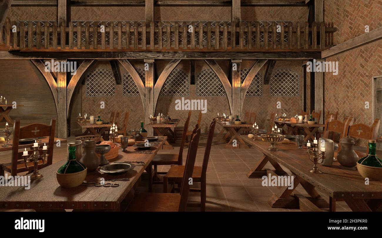 3D illustration medieval castle great hall interior Stock Photo - Alamy