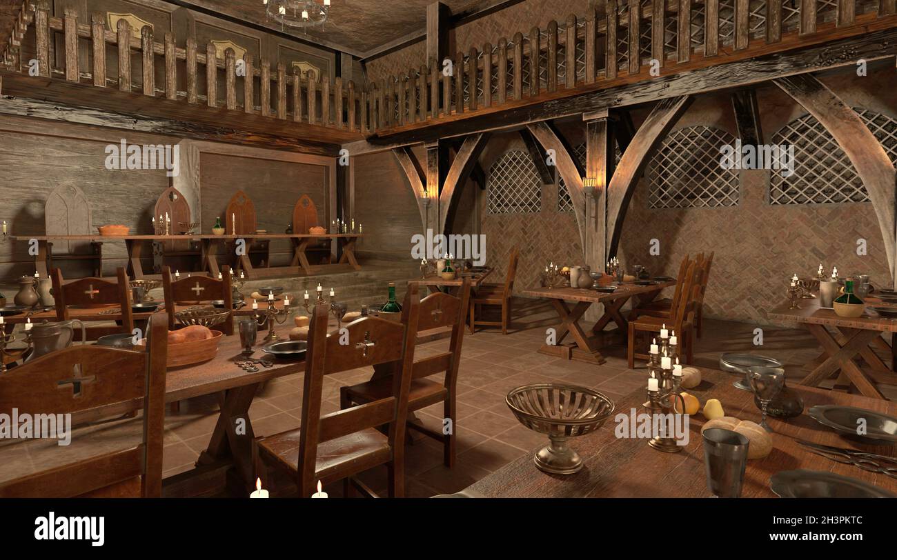 3D illustration medieval castle great hall interior Stock Photo