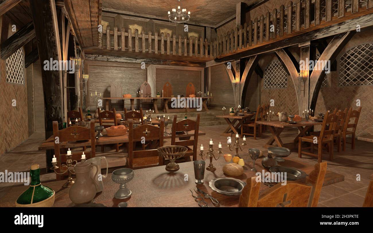 3D illustration medieval castle great hall interior Stock Photo - Alamy