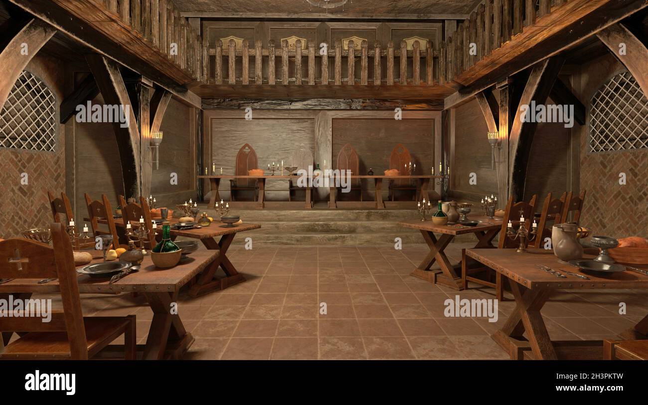 3D illustration medieval castle great hall interior Stock Photo - Alamy