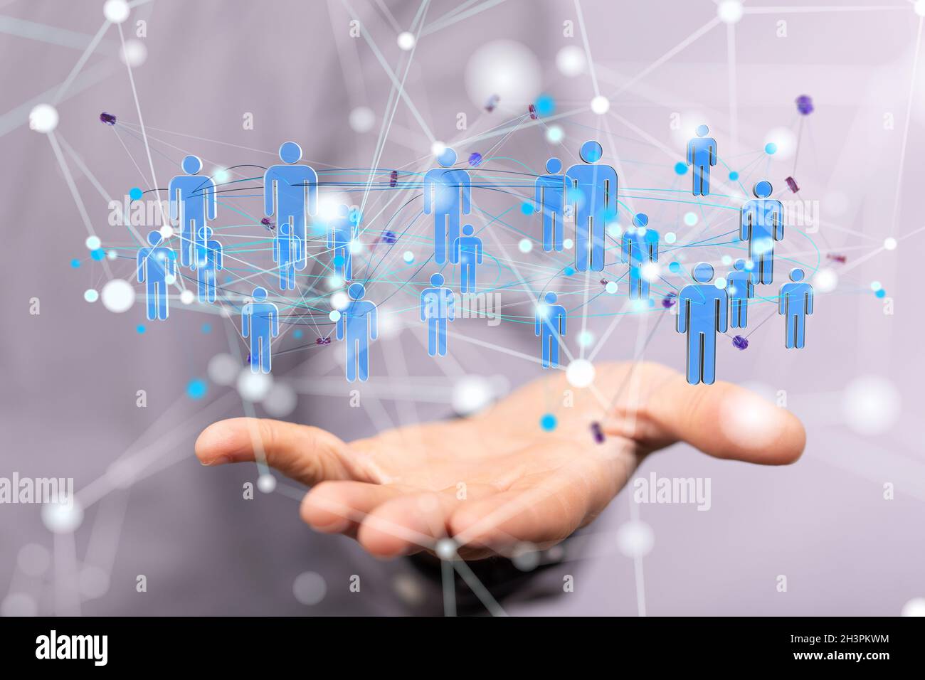 3D rendering of a group of floating blue people icons on a businessman ...
