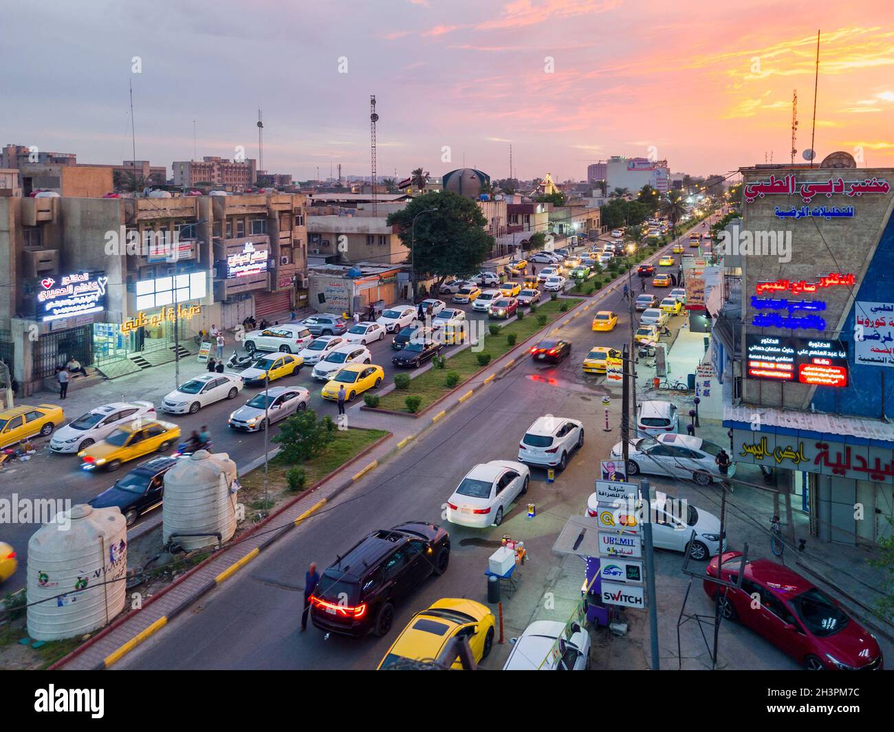 Baghdad, Iraq - October 17, 2021: Wide Arial View of Al Magreb Street (Morocco Street) which is Known to Have Many Private Medical Clinics. Stock Photo