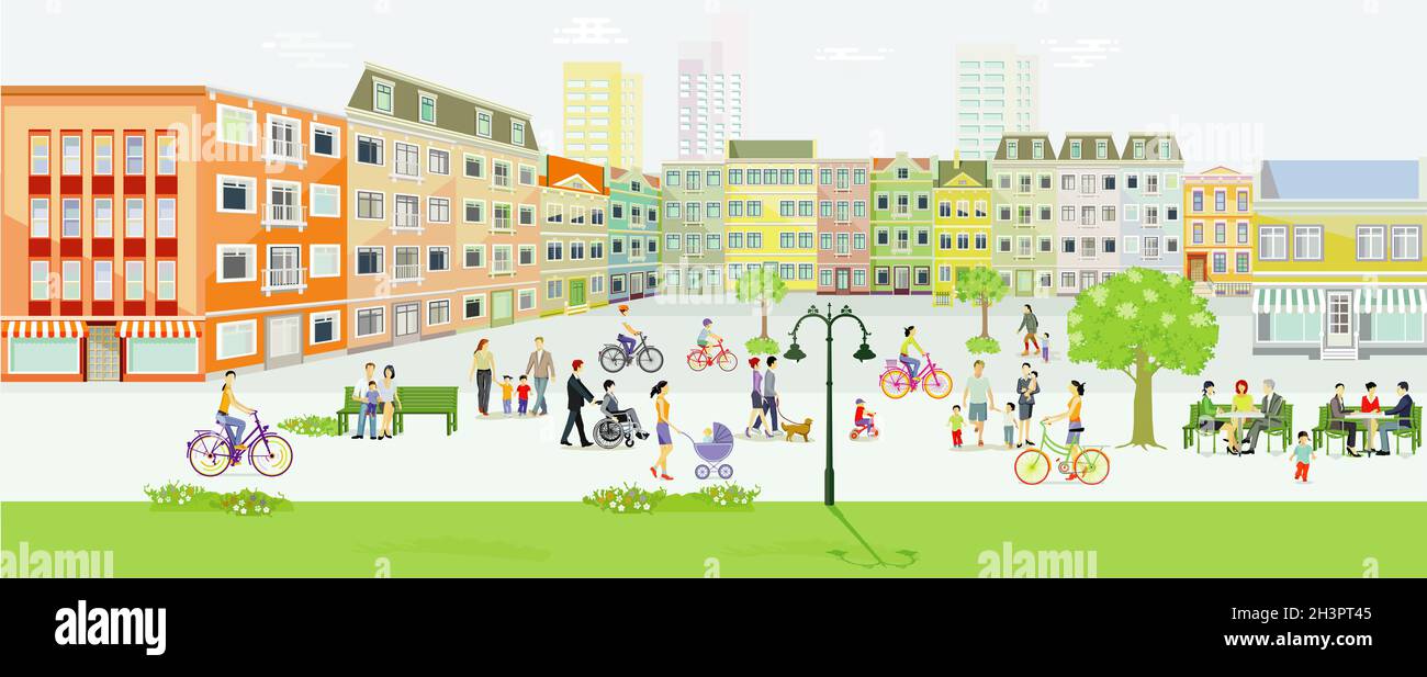 City with pedestrians and families in leisure time, car-free zone, illustration Stock Photo
