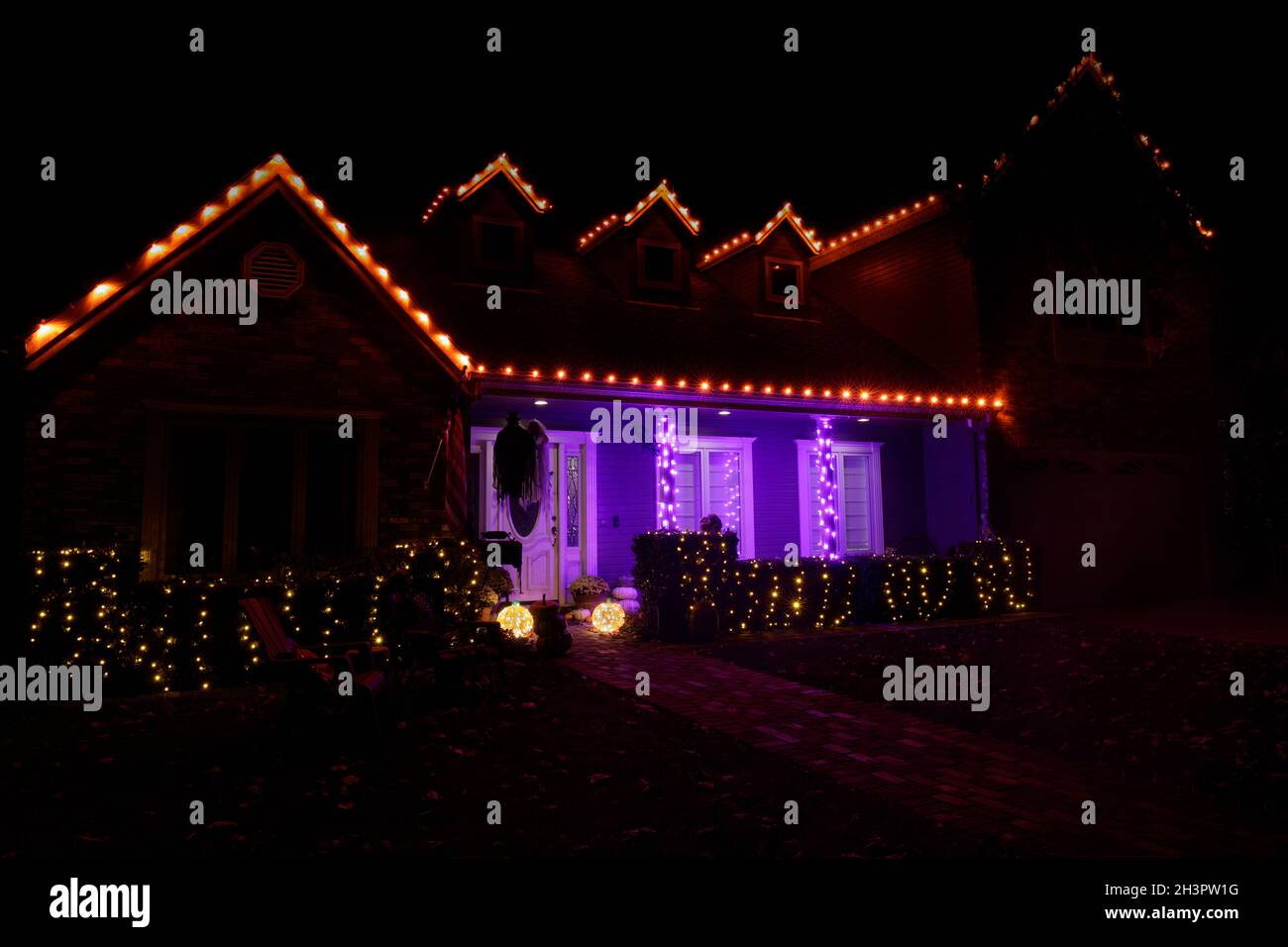 Halloween night lights decorating house in California Stock Photo Alamy