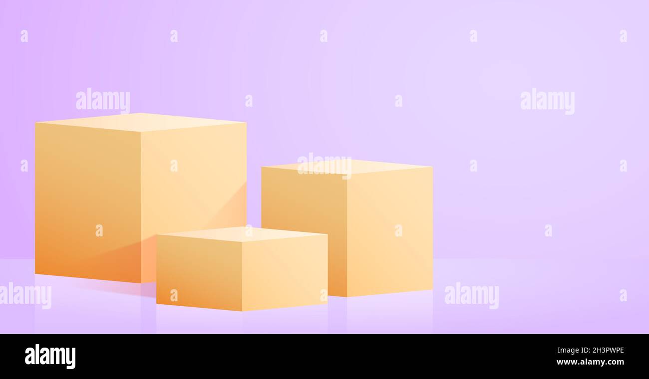 Realistic yellow cubes - boxes on blue studio background - Vector Stock ...