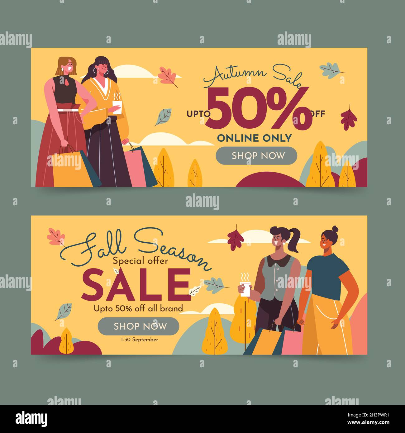 hand drawn flat horizontal autumn sale banners set vector design ...