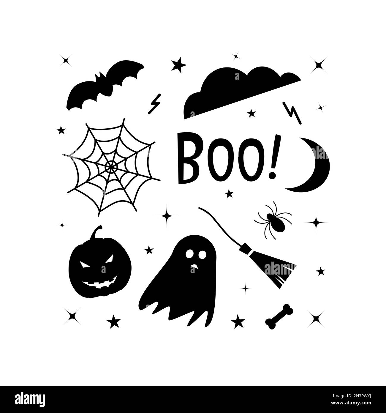 Isolated vector illustration. Set of black halloween icons on white ...