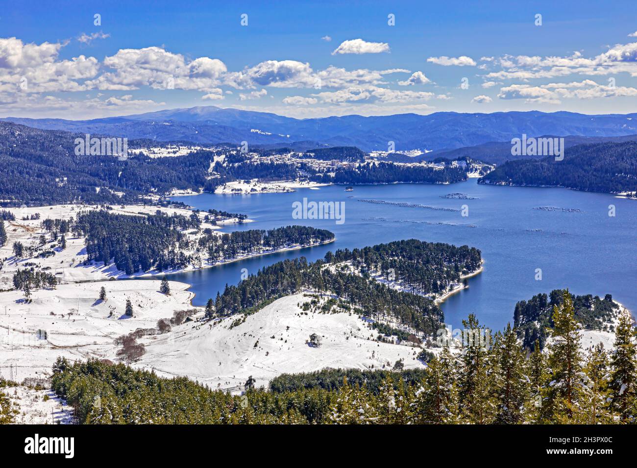 Amazing winter scene, Dospat lake Rhodope mountains, Bulgaria Stock Photo