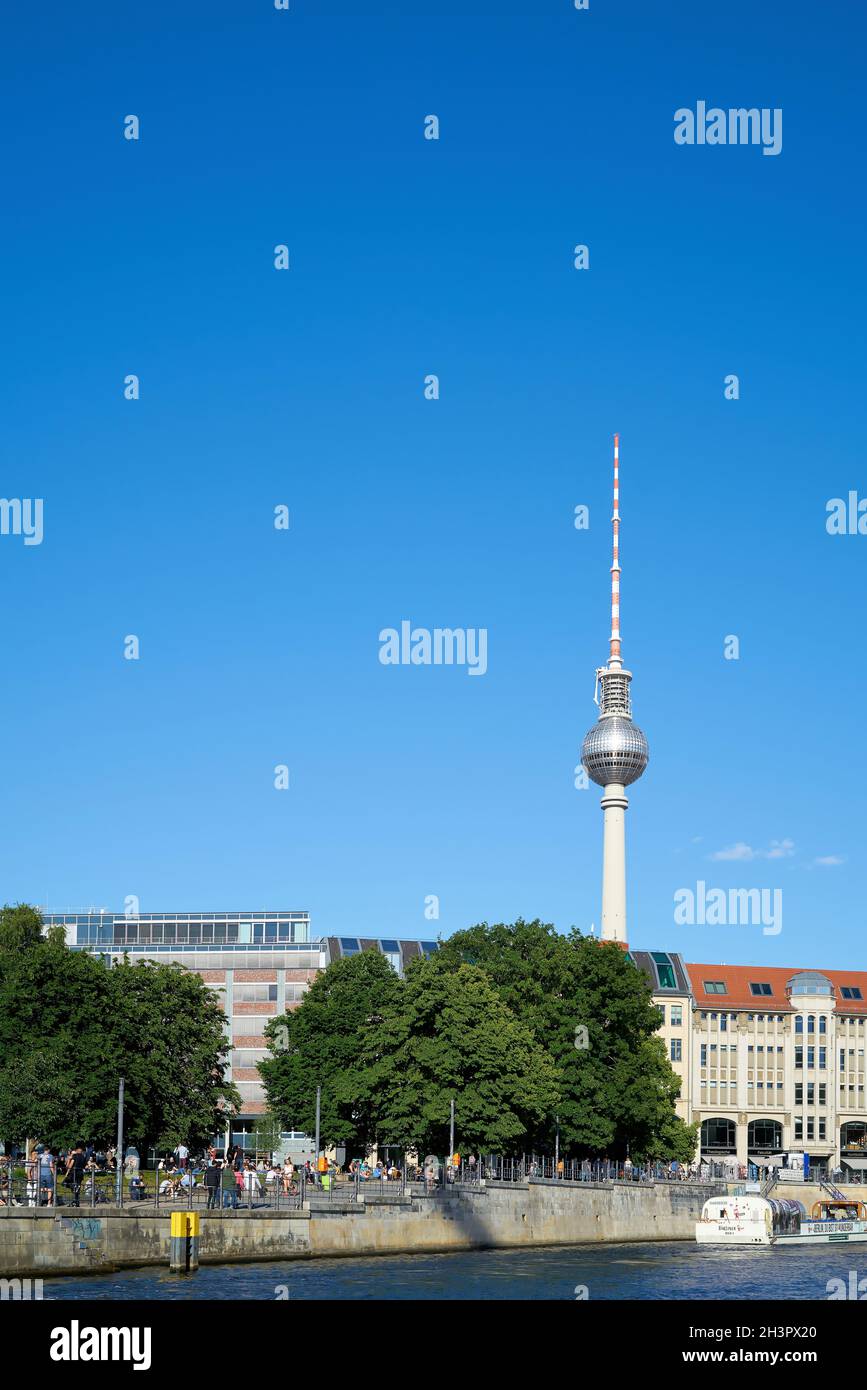 Bank of the river Spree in the German capital Berlin. In the background the television tower. Stock Photo