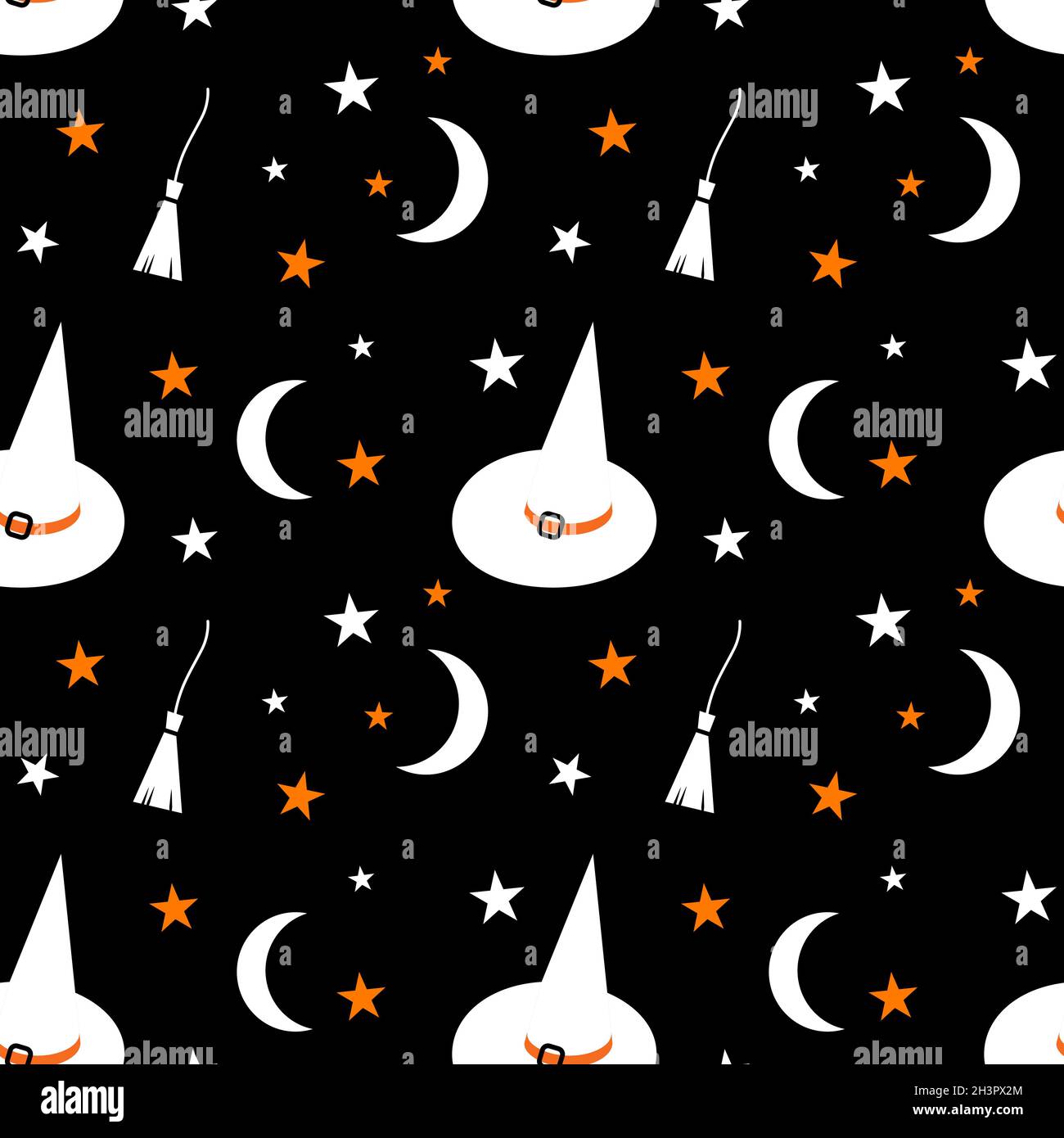Halloween seamless pattern with witch hat, broom, moon and stars on ...