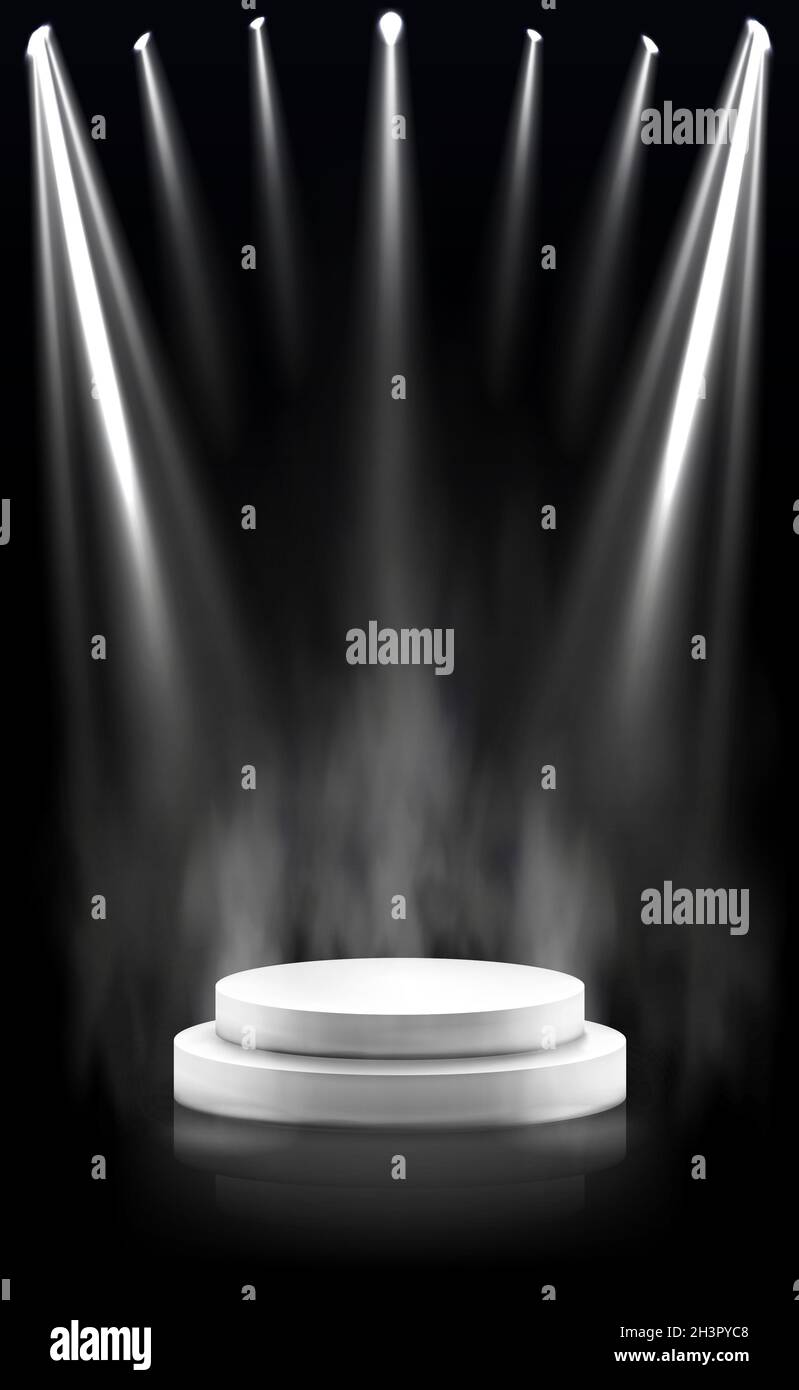 Realistic black studio with white podium and lighting from above ...