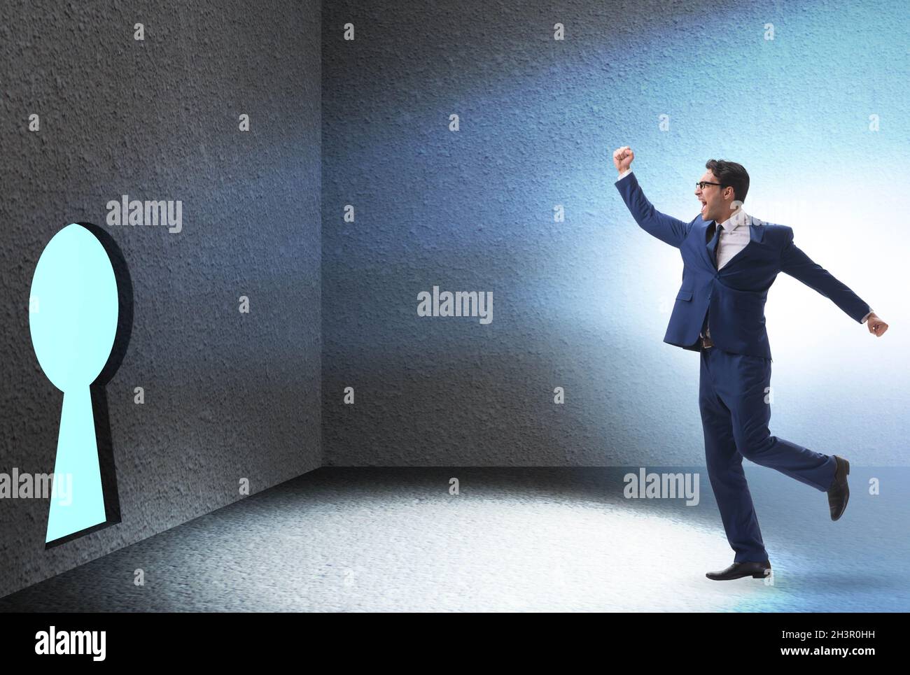 Businessman walking towards keyhole in challenge concept Stock Photo ...