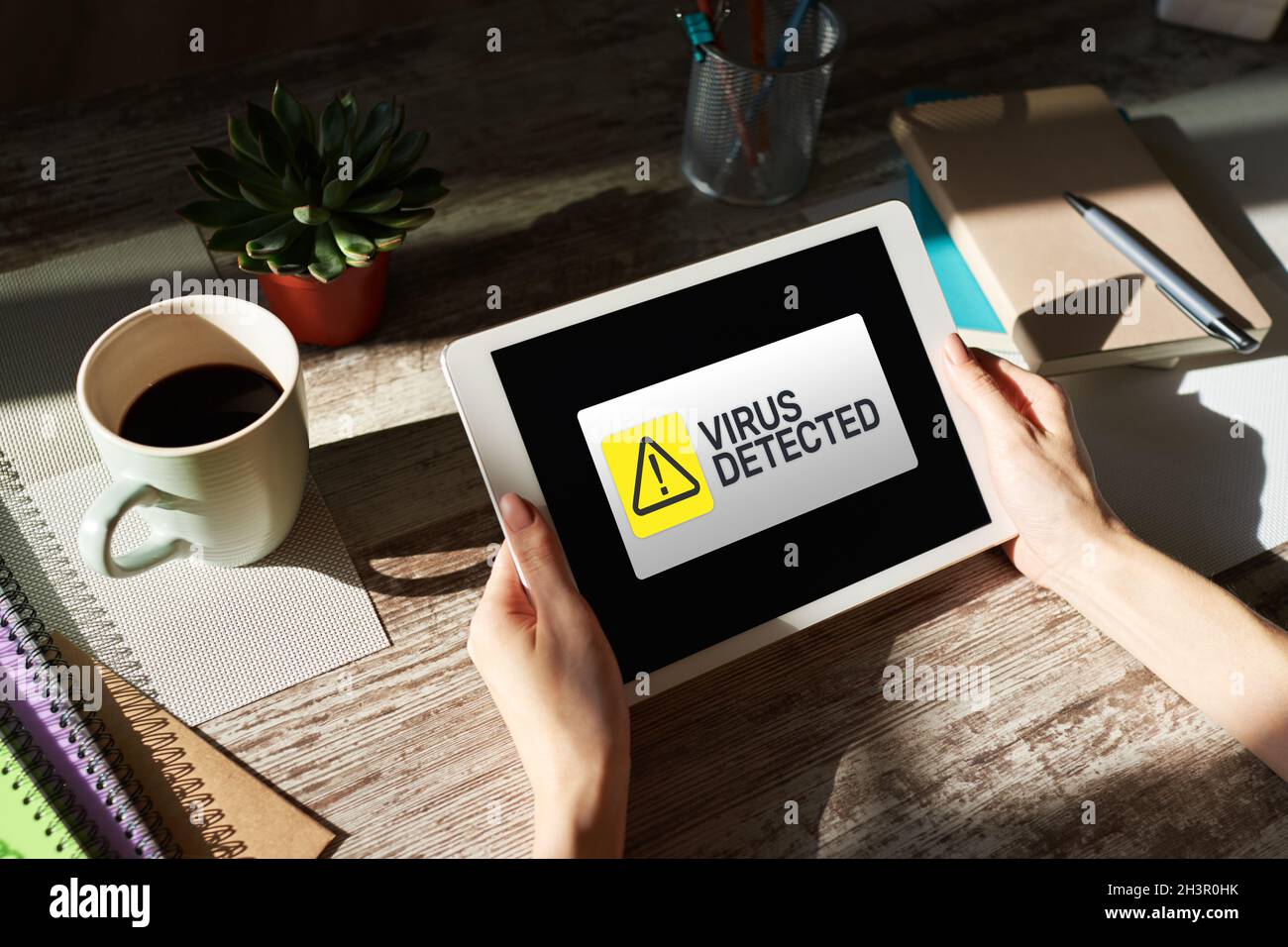 Virus Detected warning message on screen. Cyber security breach. Data protection internet and technology concept. Stock Photo