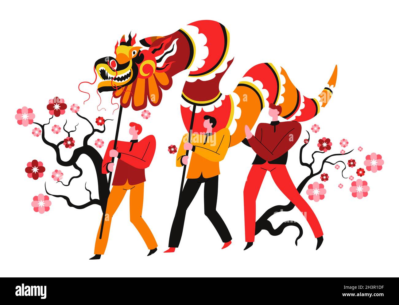 Fire dragon and male characters, Chinese festival and New Year Stock Vector
