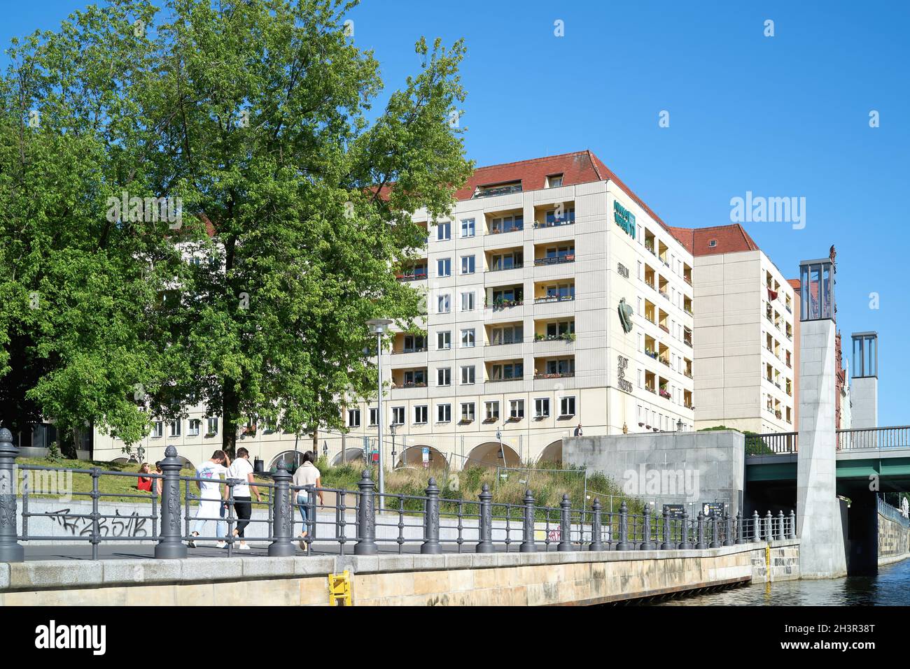 Nikolai quarter in the center of the German capital Berlin seen from the river Spree Stock Photo
