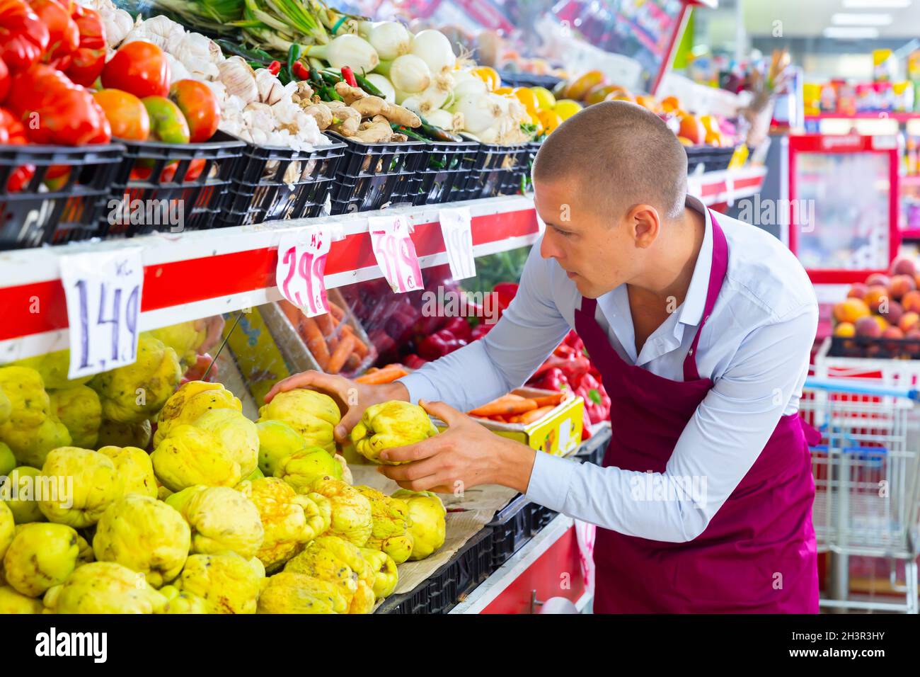 Supermarket worker putting quinces on shelf Stock Photo Alamy