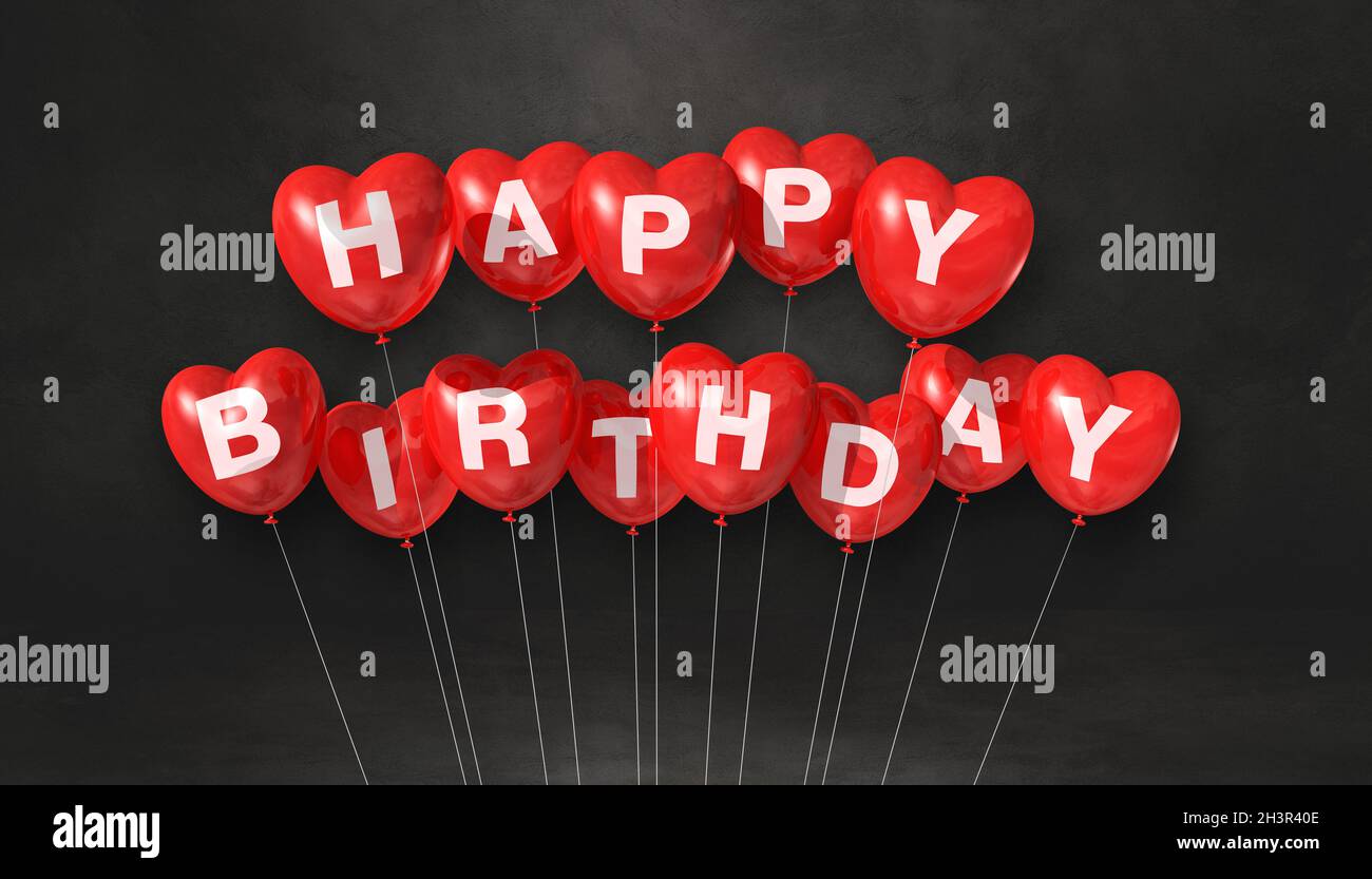 Red happy birthday heart shape air balloons on a black background scene ...