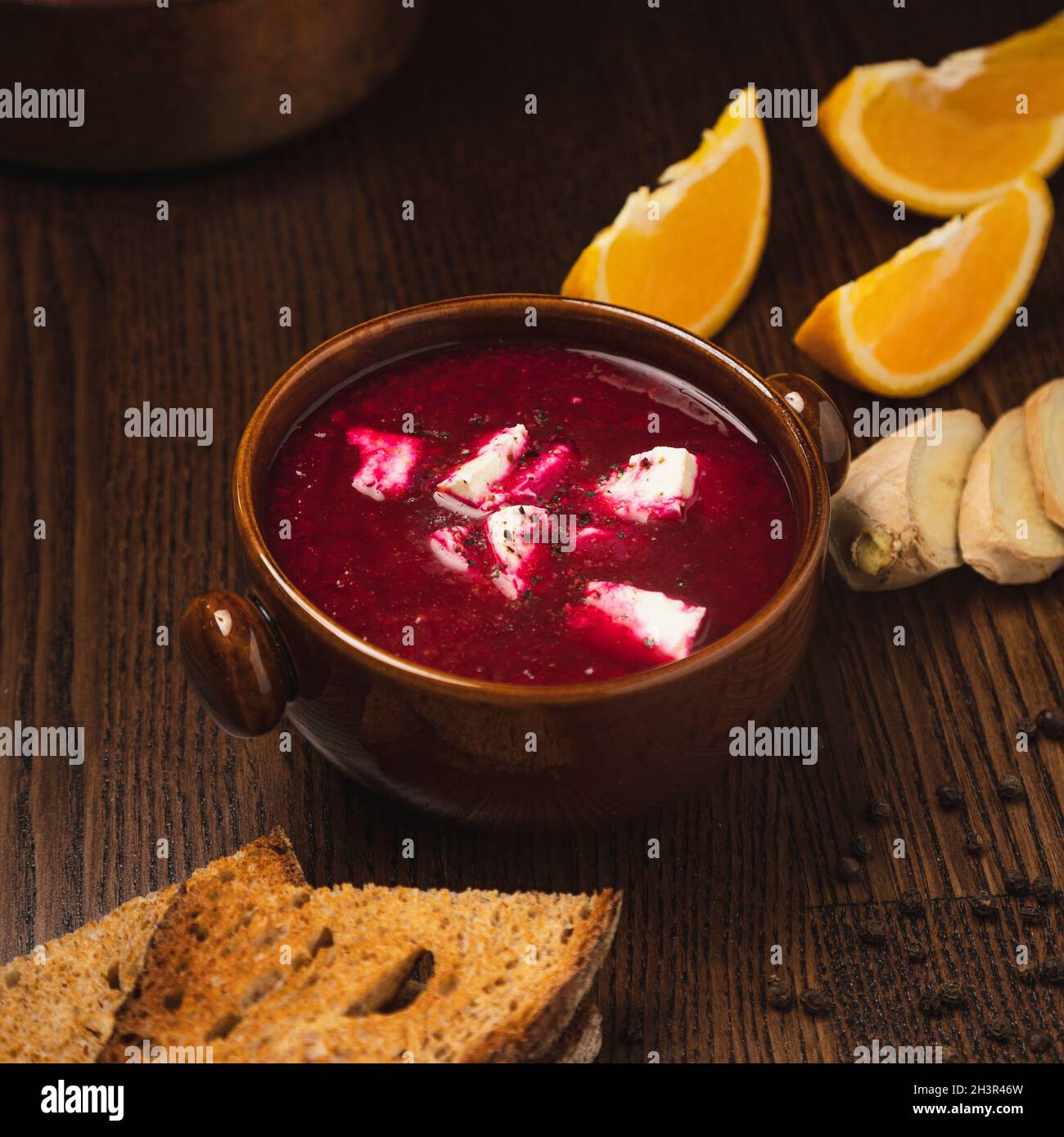 Borscht beetroot soup with ginger and lemon. Stock Photo