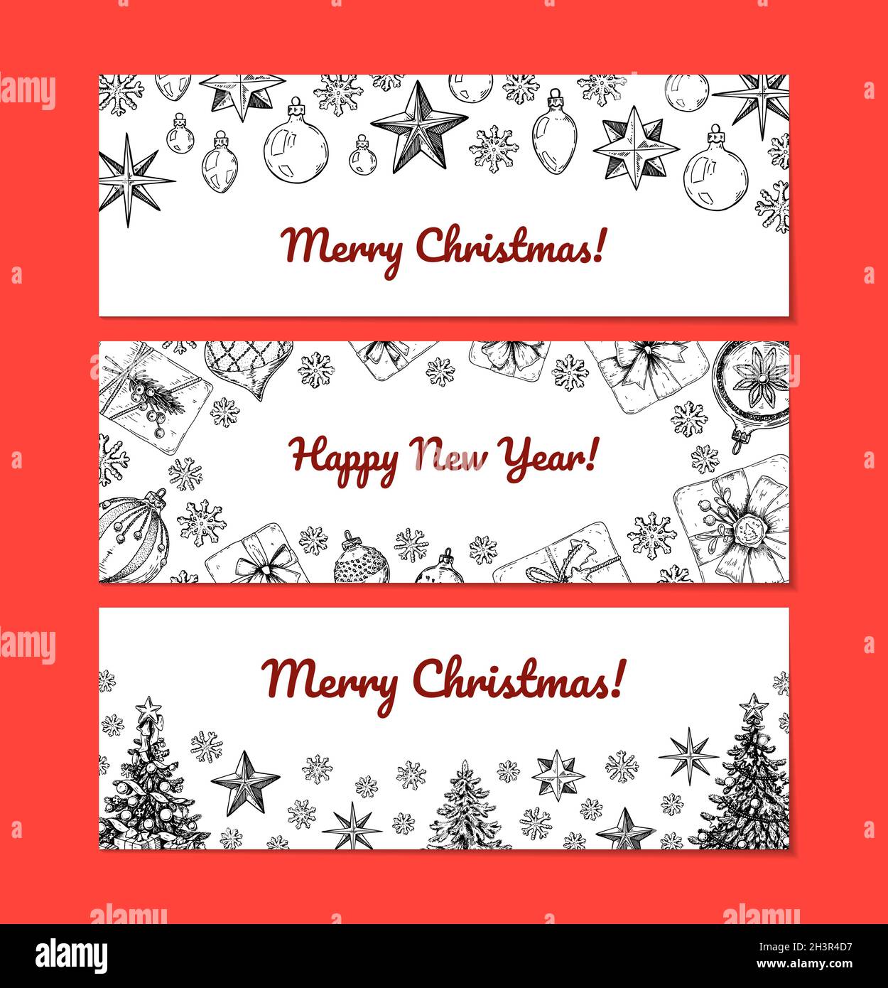Set of hand drawn horizontal Happy New Year and Merry Christmas ...