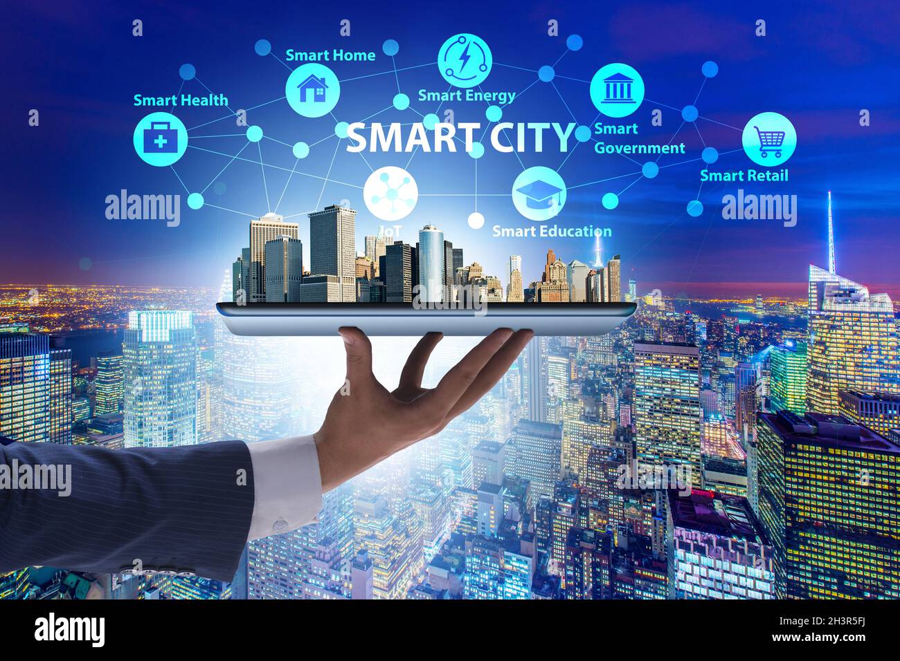 Businessman in smart city modern concept Stock Photo