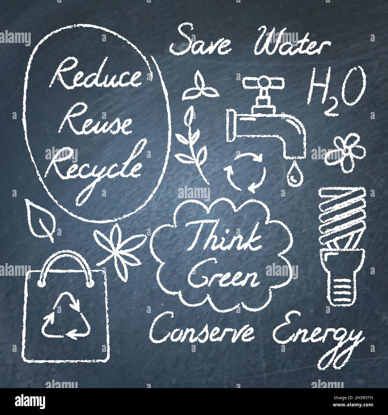 Set of hand drawn ecology icons and lettering on chalkboard. Reduce ...