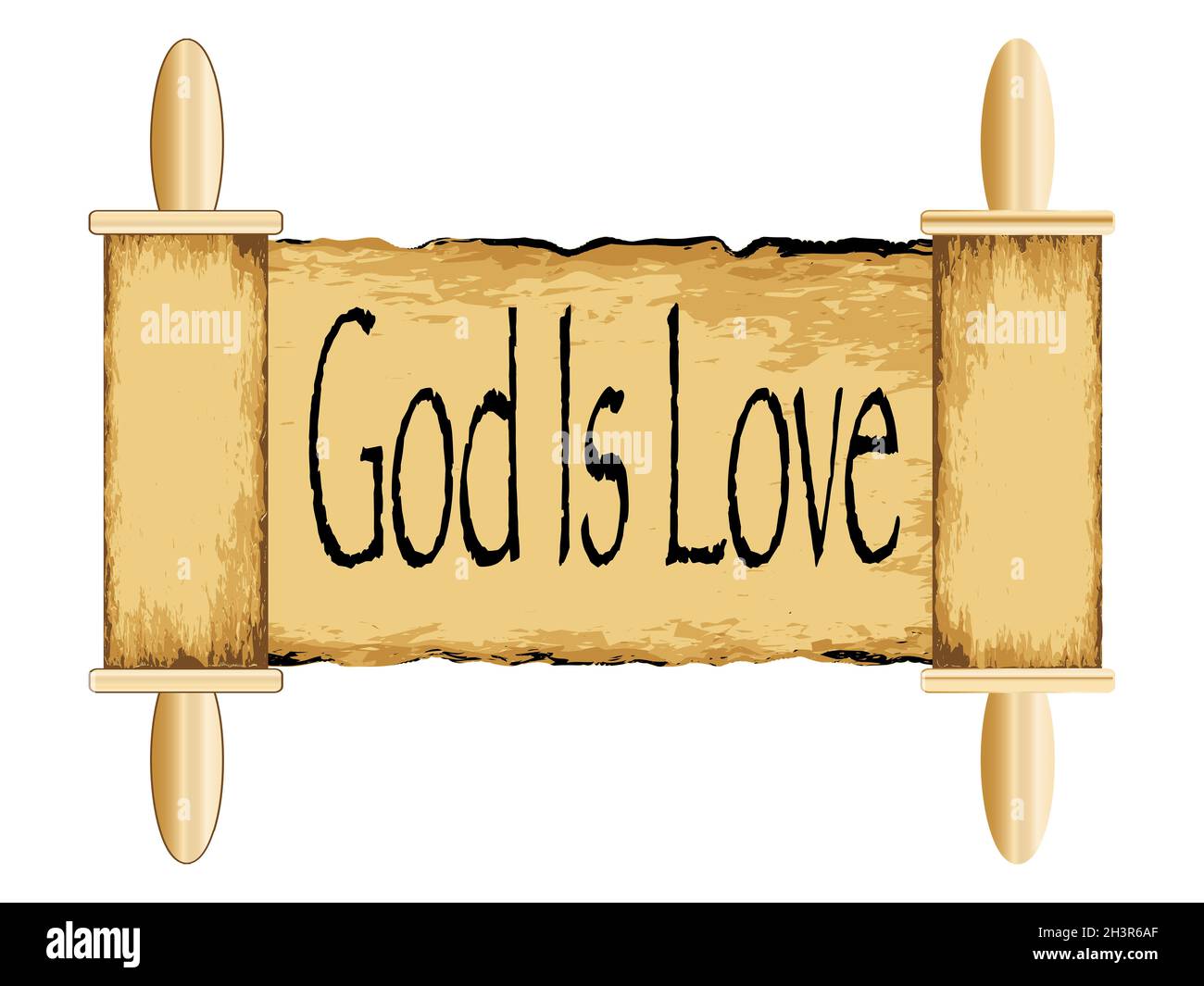 An ancient religious parchment scroll with wooden handles and the text God Is Love Stock Photo