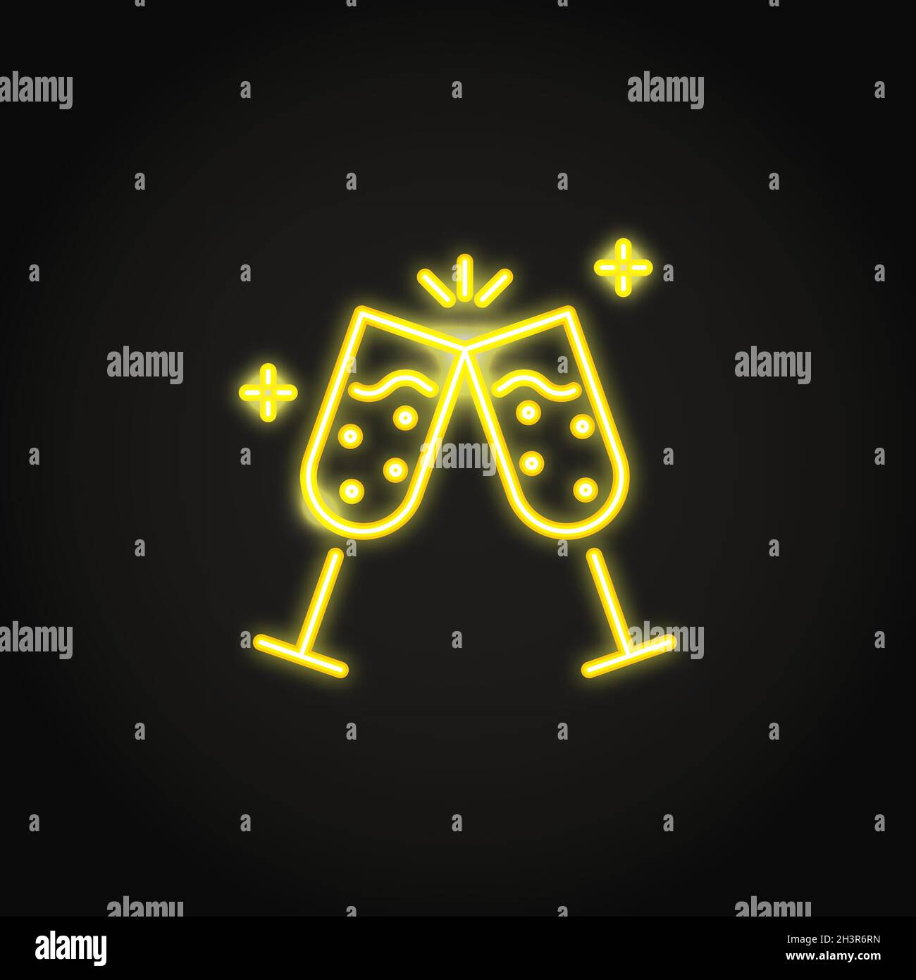 Two champagne glasses clink neon icon. Glowing romantic or celebration
