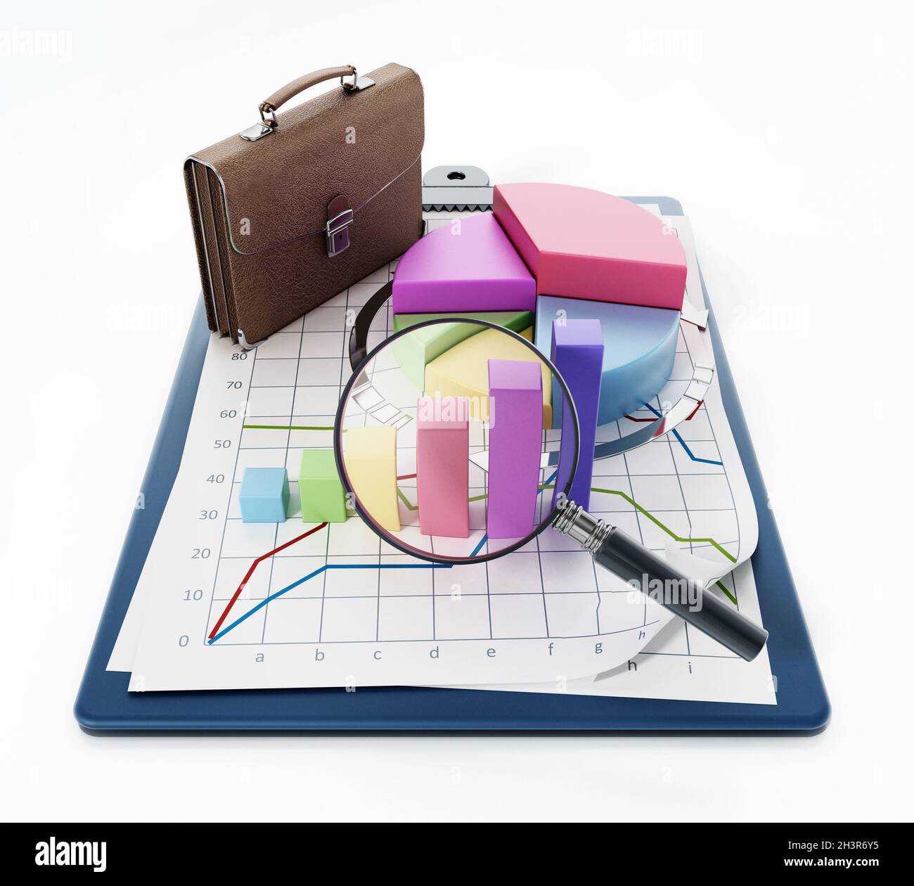 Business charts, graphs, briefcase and magnifying glass on clipboard. 3D illustration. Stock Photo