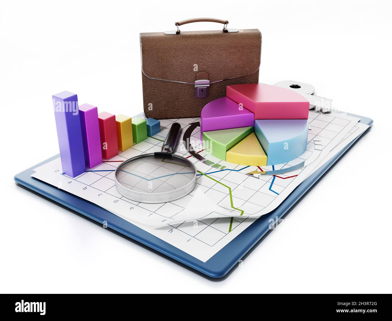 Business charts, graphs, briefcase and magnifying glass on clipboard. 3D illustration. Stock Photo
