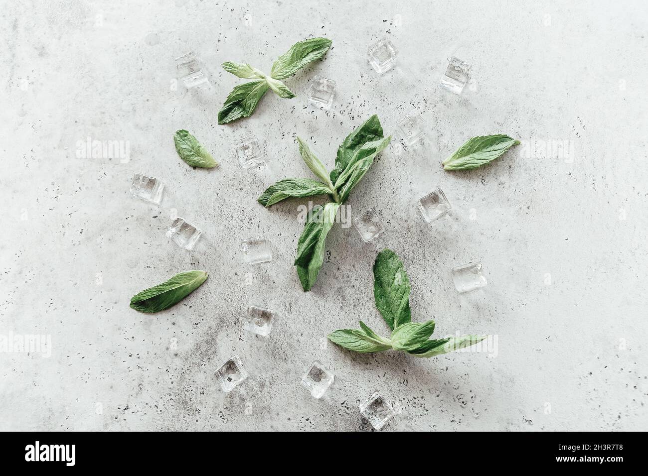 Mint leaves and ice cubes on table Stock Photo