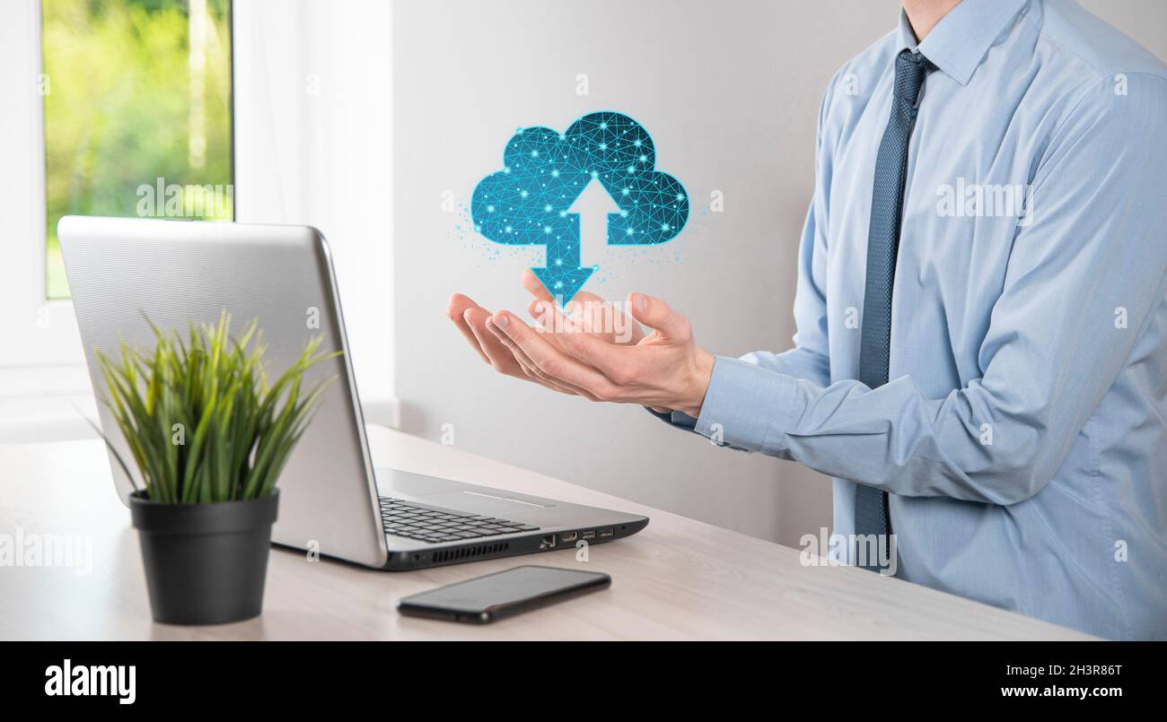 Man hold Cloud icon technology. Polygonal wireframe cloud storage sign with two arrows up and down. Cloud computing, big data center, future infrastru Stock Photo
